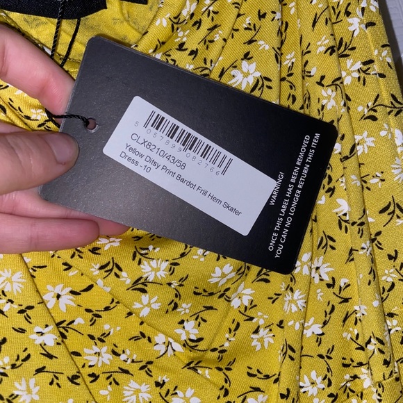 Yellow Ditsy Print Bardot Frill Hem Skater Dress - Picture 4 of 4